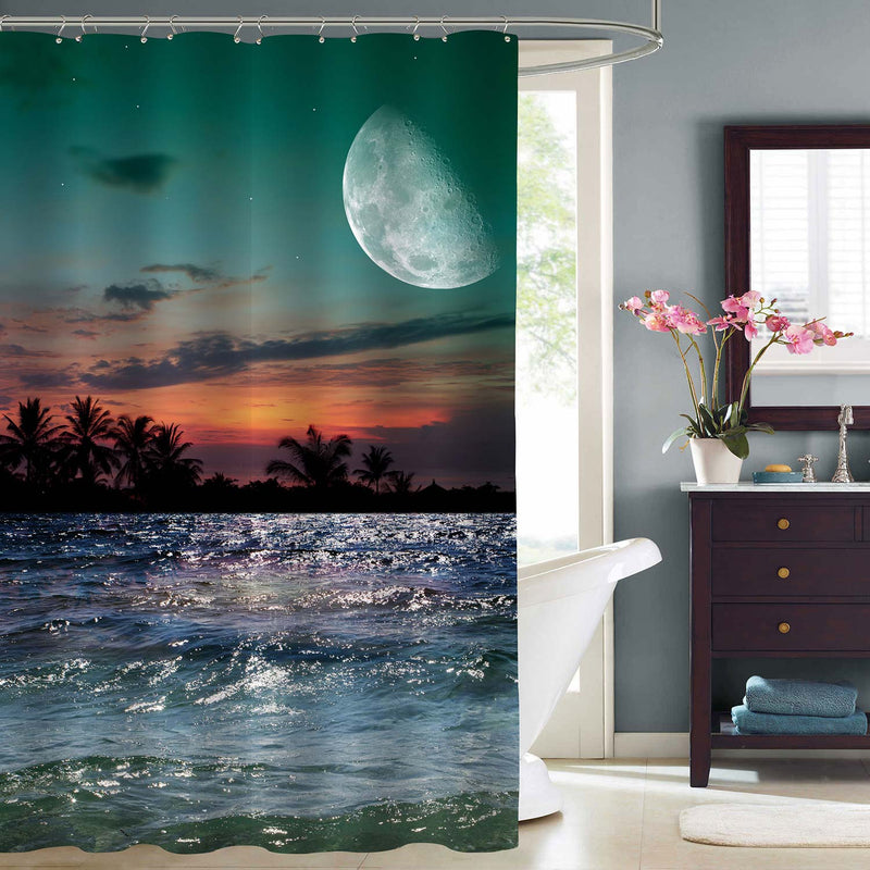 Tropical Paradise Moon on Star Sky Reflected in the Sea Shower Curtain - Multicolor