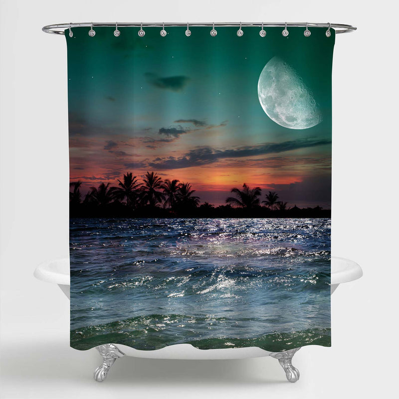 Tropical Paradise Moon on Star Sky Reflected in the Sea Shower Curtain - Multicolor