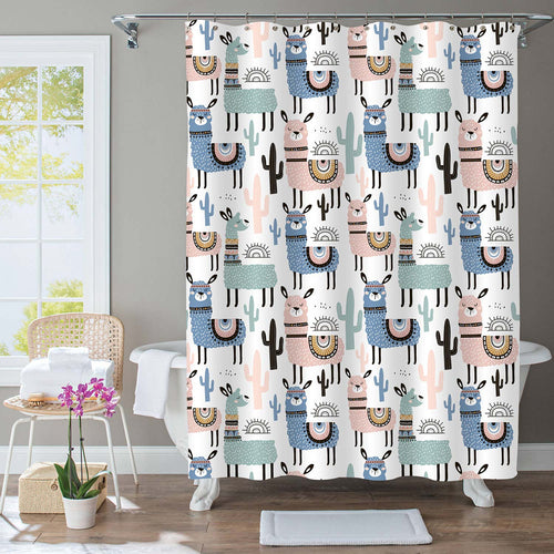 Cartoon Llama with Cactus Shower Curtain - Multicolor