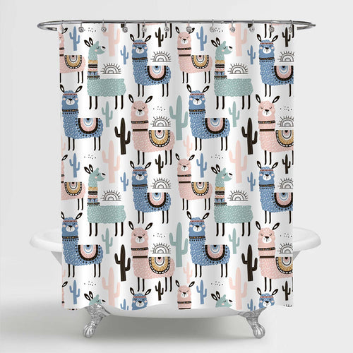 Cartoon Llama with Cactus Shower Curtain - Multicolor