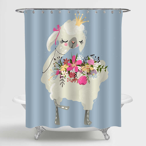 Dreaming Queen Llama with Crown and Flowers Shower Curtain - Blue