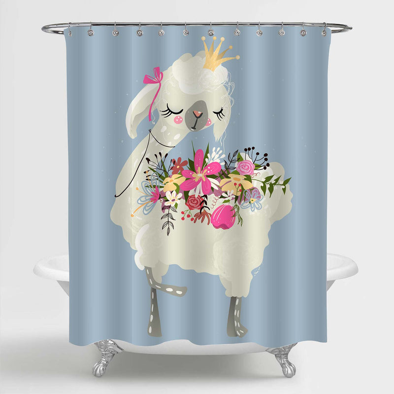 Dreaming Queen Llama with Crown and Flowers Shower Curtain - Blue