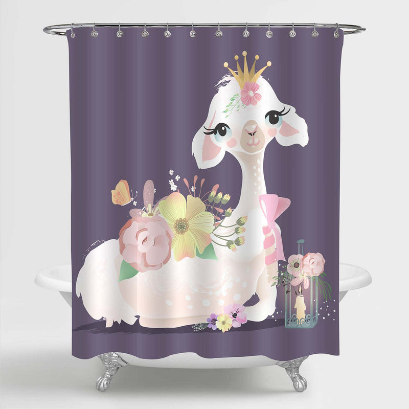 Llama Wearing Crwon with Colorful Flowers Shower Curtain- Purple