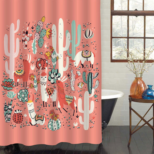 Llama with Lovely Flowers and Desert Plant Cactus Shower Curtain - Orange