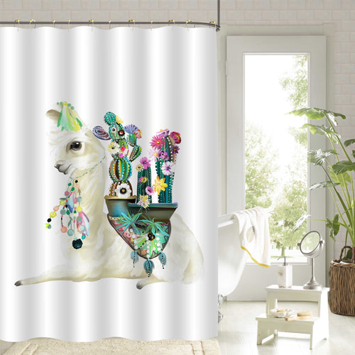 Mexican Llama with Ethnic Blanket and Cactus Shower Curtain - Green Beige