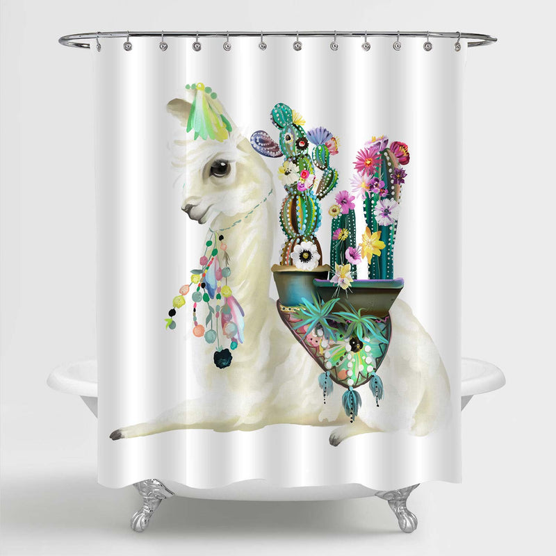 Mexican Llama with Ethnic Blanket and Cactus Shower Curtain - Green Beige