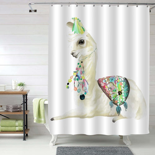 Hand Painted Mexican Llama with Ethnic Blanket Shower Curtain -Beig