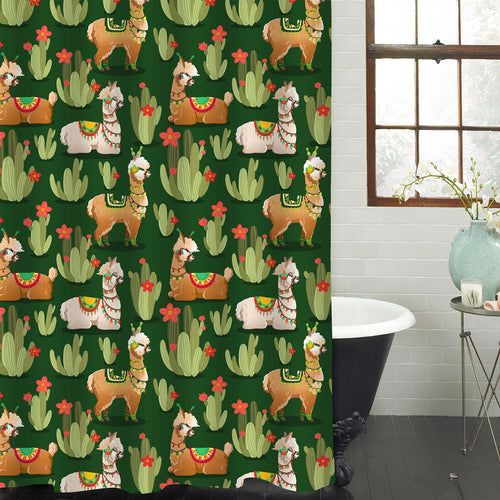 Mexican Llama and Cactus Shower Curtain - Dark Green Brown