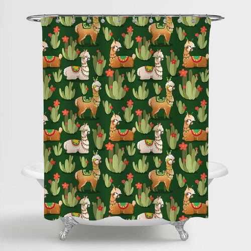 Mexican Llama and Cactus Shower Curtain - Dark Green Brown