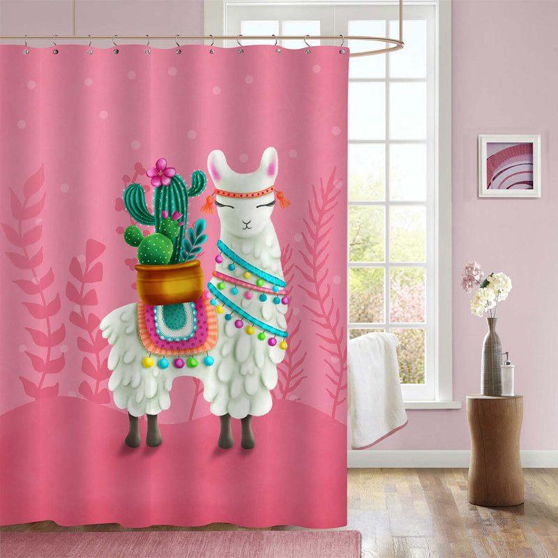 Hand Drawn Llama with Ethnic Blanket and Cactus Pot Shower Curtain - Pink