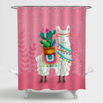 Hand Drawn Llama with Ethnic Blanket and Cactus Pot Shower Curtain - Pink