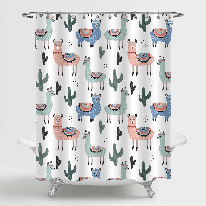 Hand Drawn Ilama and Cactus Shower Curtain - Multicolor