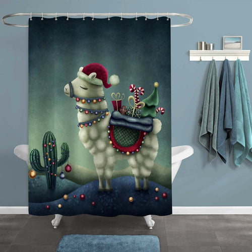 Bonsai Tree Animal Llama in Santa Hat Shower Curtain - Green