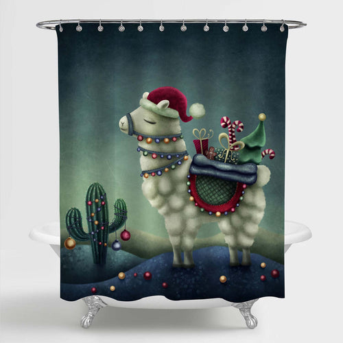 Bonsai Tree Animal Llama in Santa Hat Shower Curtain - Green