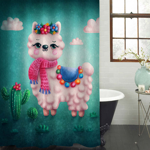 Baby Llama and Mexican Cactus Shower Curtain - Green Pink