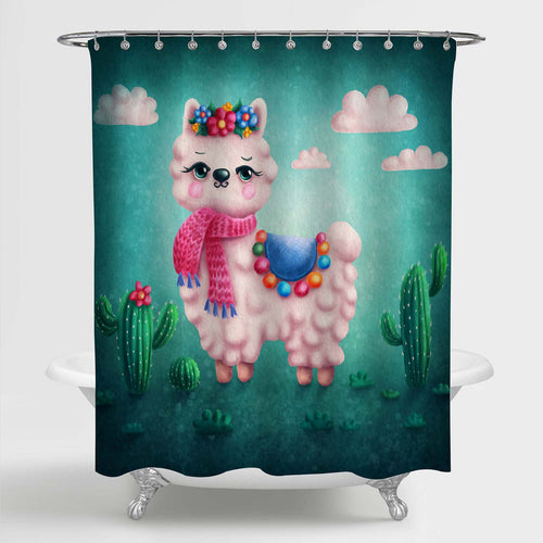 Baby Llama and Mexican Cactus Shower Curtain - Green Pink