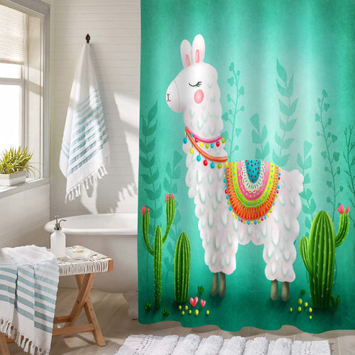 Llama with Ethnic Blanket Shower Curtain - Green