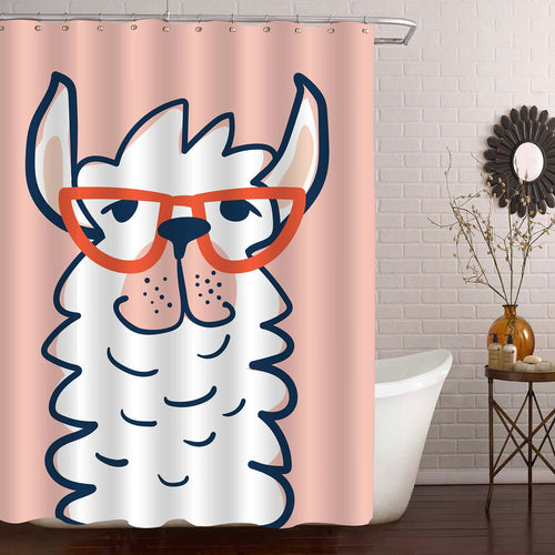 Llama Face with Glasses Shower Curtain - Coral