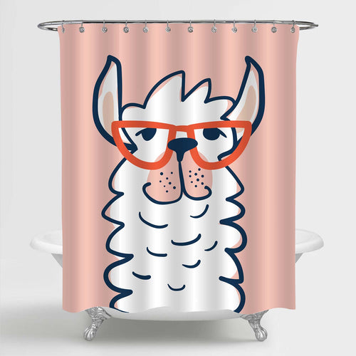 Llama Face with Glasses Shower Curtain - Coral