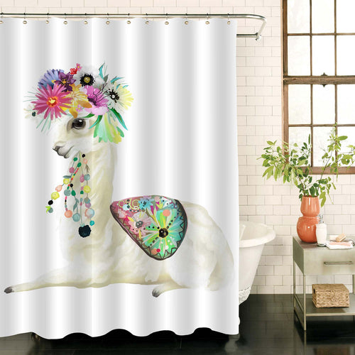 Hand Painted Mexican Llama with Ethnic Blanket Shower Curtain - Beige