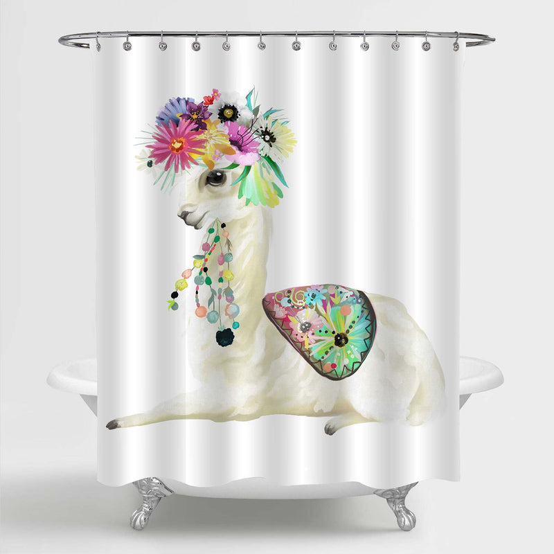 Hand Painted Mexican Llama with Ethnic Blanket Shower Curtain - Beige