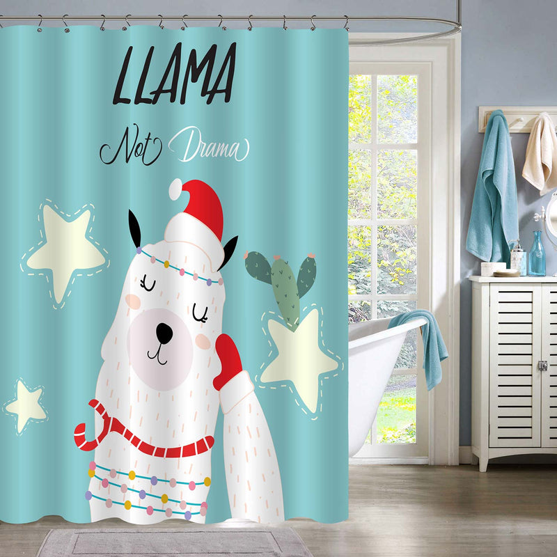 Hand Drawn Llama with Cactus and Star for Christmas Shower Curtain - Green