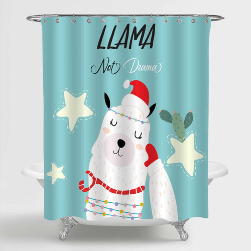 Hand Drawn Llama with Cactus and Star for Christmas Shower Curtain - Green