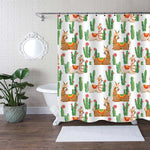 Hand Drawn Llama and Cactus Shower Curtain - Green Brown