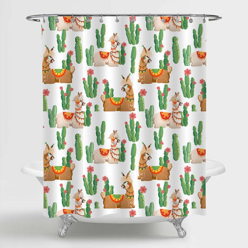 Hand Drawn Llama and Cactus Shower Curtain - Green Brown