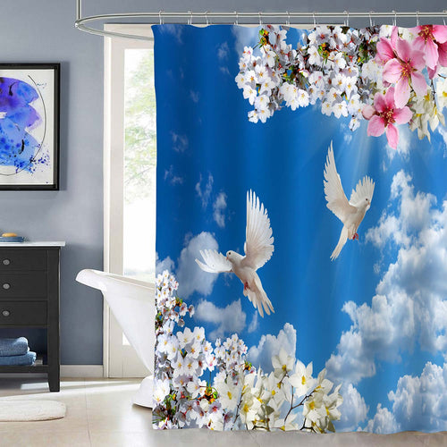 Blooming Flowers and Flying Doves in Spring Sunny Sky Shower Curtain - Blue