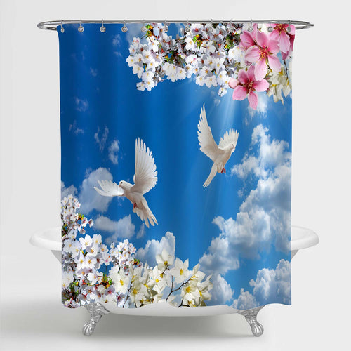 Blooming Flowers and Flying Doves in Spring Sunny Sky Shower Curtain - Blue