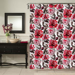Chinese Hand Drawn Vintage Flowers Shower Curtain - Red Black