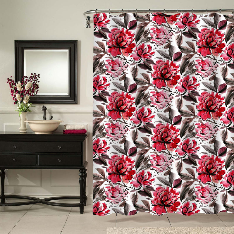 Chinese Hand Drawn Vintage Flowers Shower Curtain - Red Black