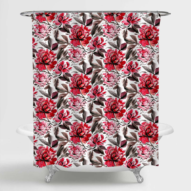 Chinese Hand Drawn Vintage Flowers Shower Curtain - Red Black