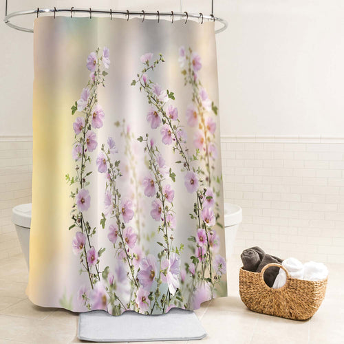 Hollyhock Flowers in Garden Shower Curtain - Pink