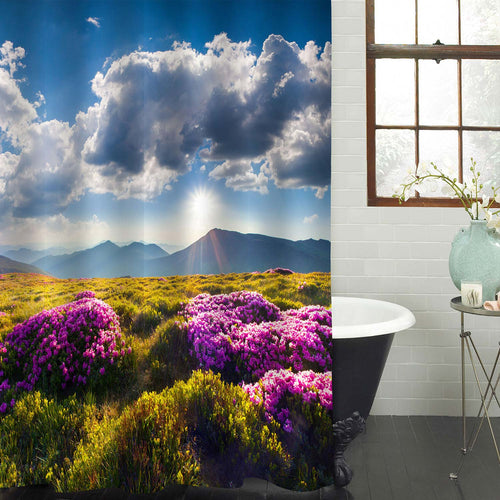 Summer Mountain Morning with Fields of Blooming Rhododendron Flowers Shower Curtain - Multicolor