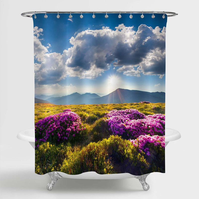 Summer Mountain Morning with Fields of Blooming Rhododendron Flowers Shower Curtain - Multicolor