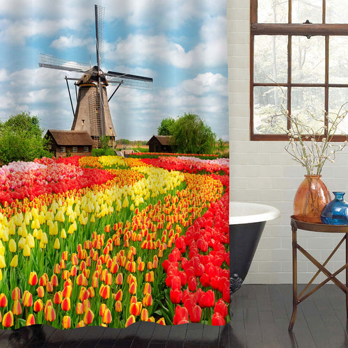 Traditional Netherlands Holland Dutch Scenery with Windmill and Tulips Flowwer Shower Curtain - Multicolor