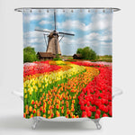Traditional Netherlands Holland Dutch Scenery with Windmill and Tulips Flowwer Shower Curtain - Multicolor
