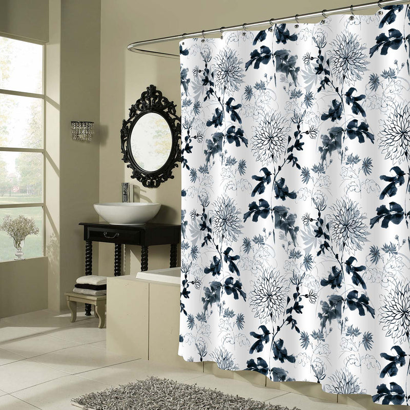 Traditional Oriental Chrysanthemum Floral Shower Curtain - Black