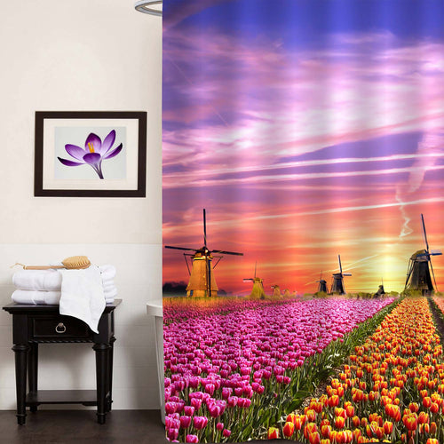 Magical Netherlands Landscapes with Windmills and Tulips at Sunrise Shower Curtain - Multicolor