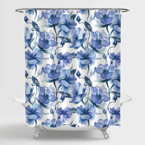 Asian Style Watercolor Flowers Shower Curtain - Blue