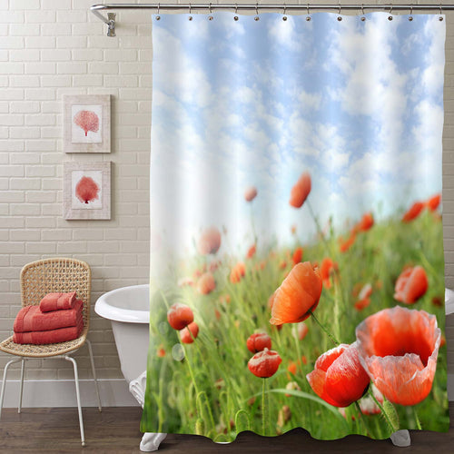 Poppies in Summer Meadow on Sunny Day Shower Curtain - Red Green Blue