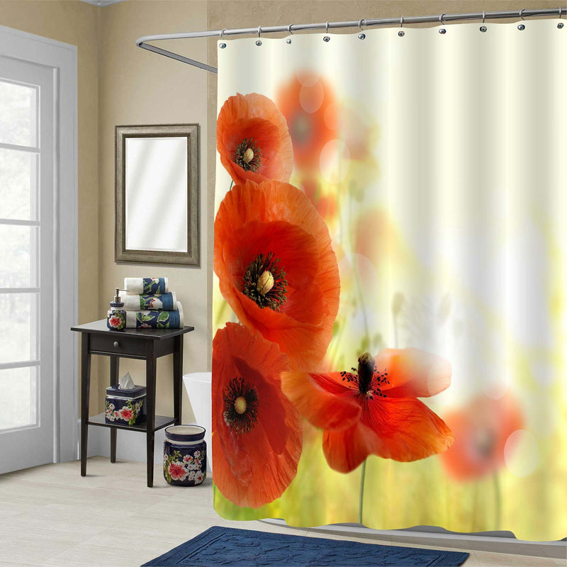 Poppy Flowers in Rural Field Shower Curtain - Red Gold