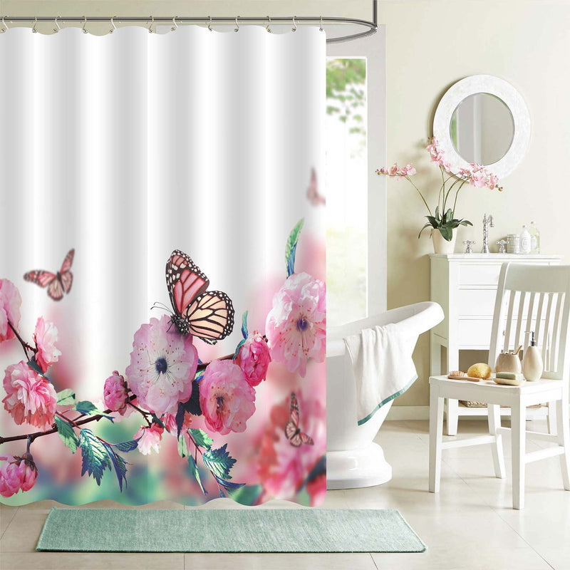 Flower of Oriental Cherry and Butterfly Shower Curtain - Pink