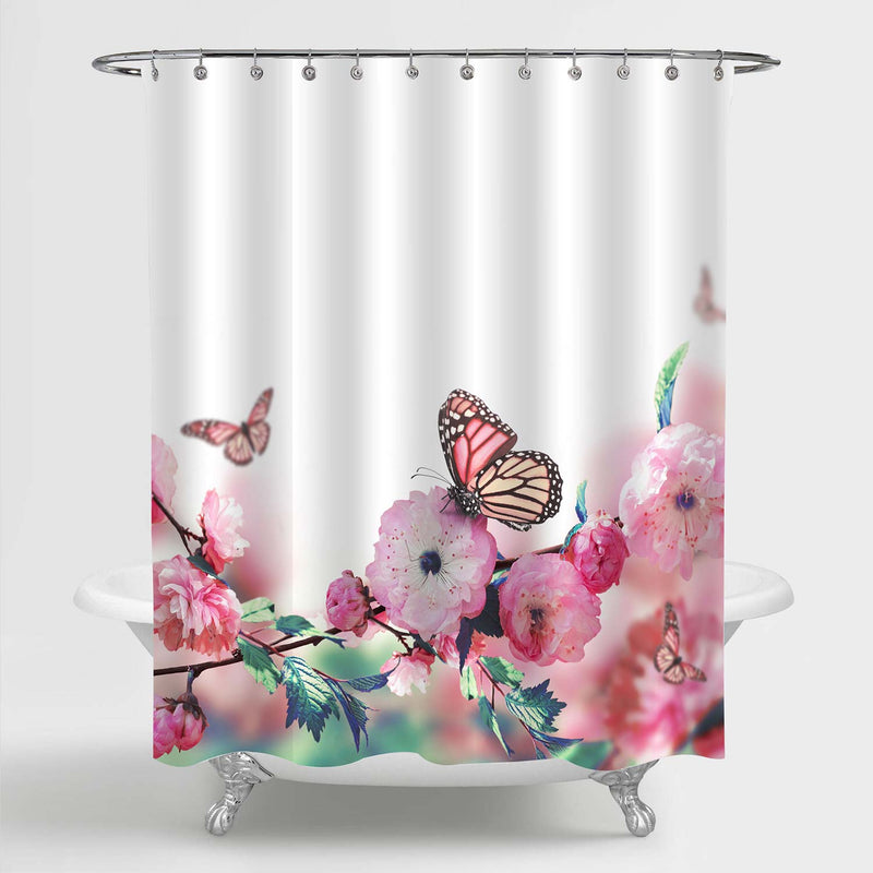 Flower of Oriental Cherry and Butterfly Shower Curtain - Pink