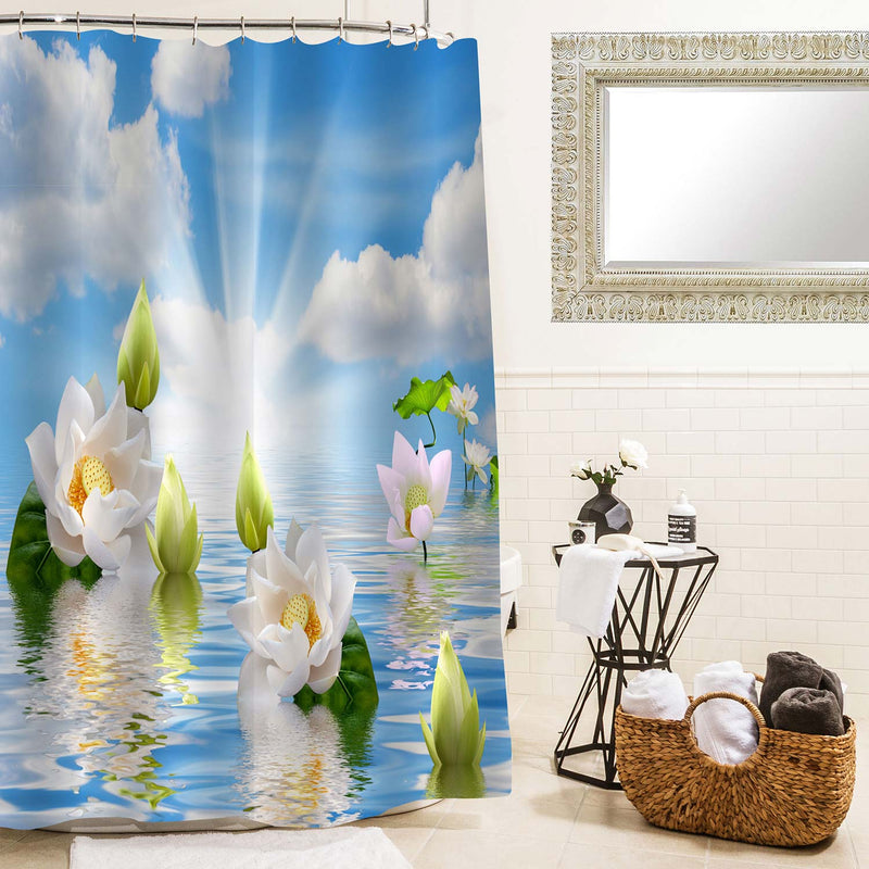 Water Lilies on Surface of Pond Shower Curtain - Blue