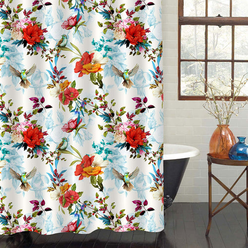 Nightingale Birds with Leaves on Flower Shower Curtain - Multicolor