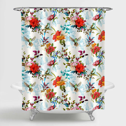 Nightingale Birds with Leaves on Flower Shower Curtain - Multicolor