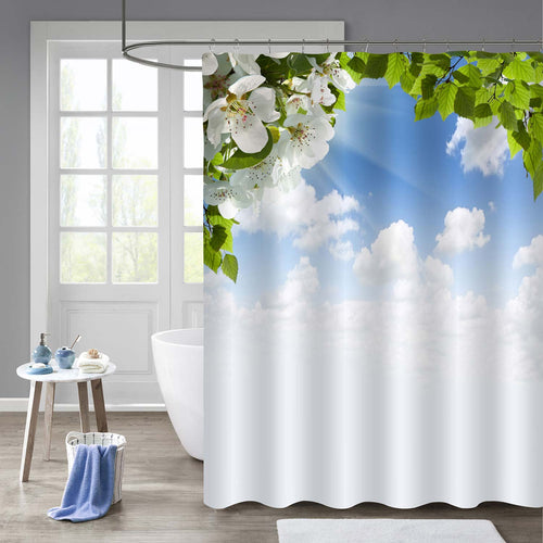 Fresh Spring Branches of Apple Tree with Flowers Shower Curtain - Green Blue